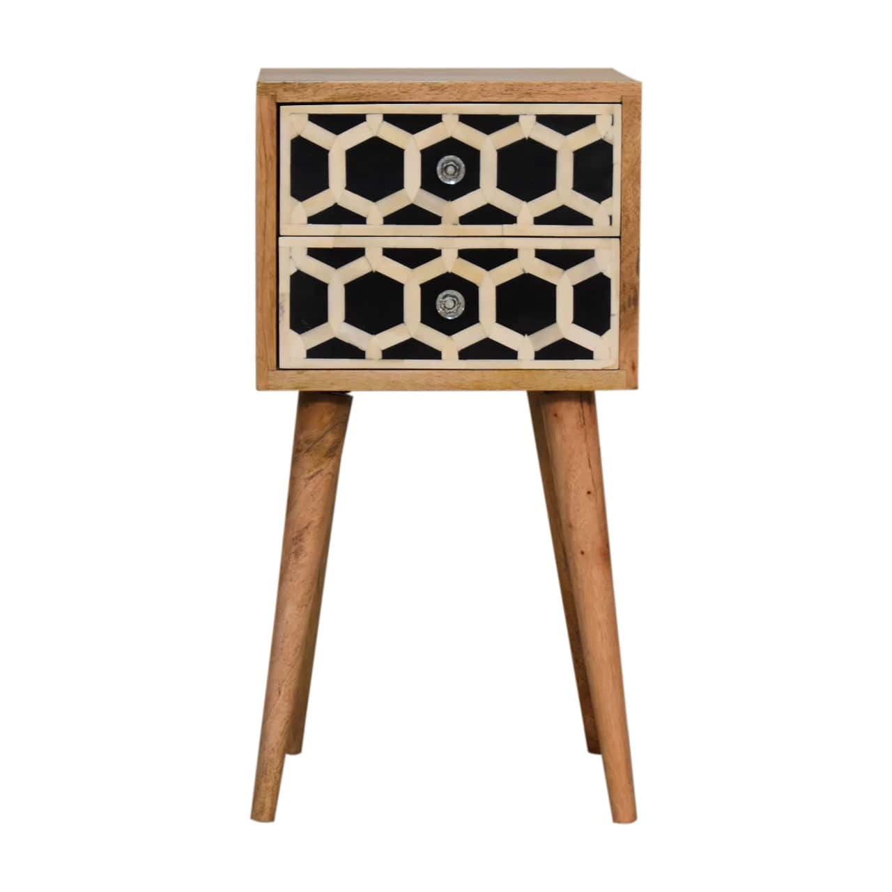 Mini Bone Inlay 2 Drawer Nightstand - Solid Mango Wood Bedside Table for Bedroom - product view 2 showing handcrafted...