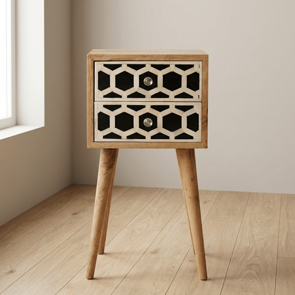 Mini Bone Inlay 2 Drawer Nightstand - Solid Mango Wood Bedside Table for Bedroom - main view showing handcrafted solid...