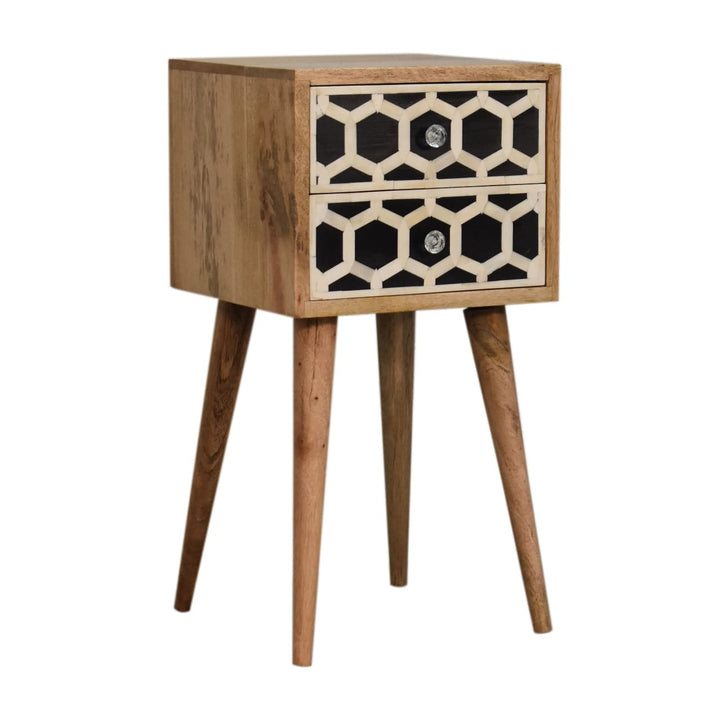 Mini Bone Inlay 2 Drawer Nightstand - Solid Mango Wood Bedside Table for Bedroom - product view 3 showing handcrafted...
