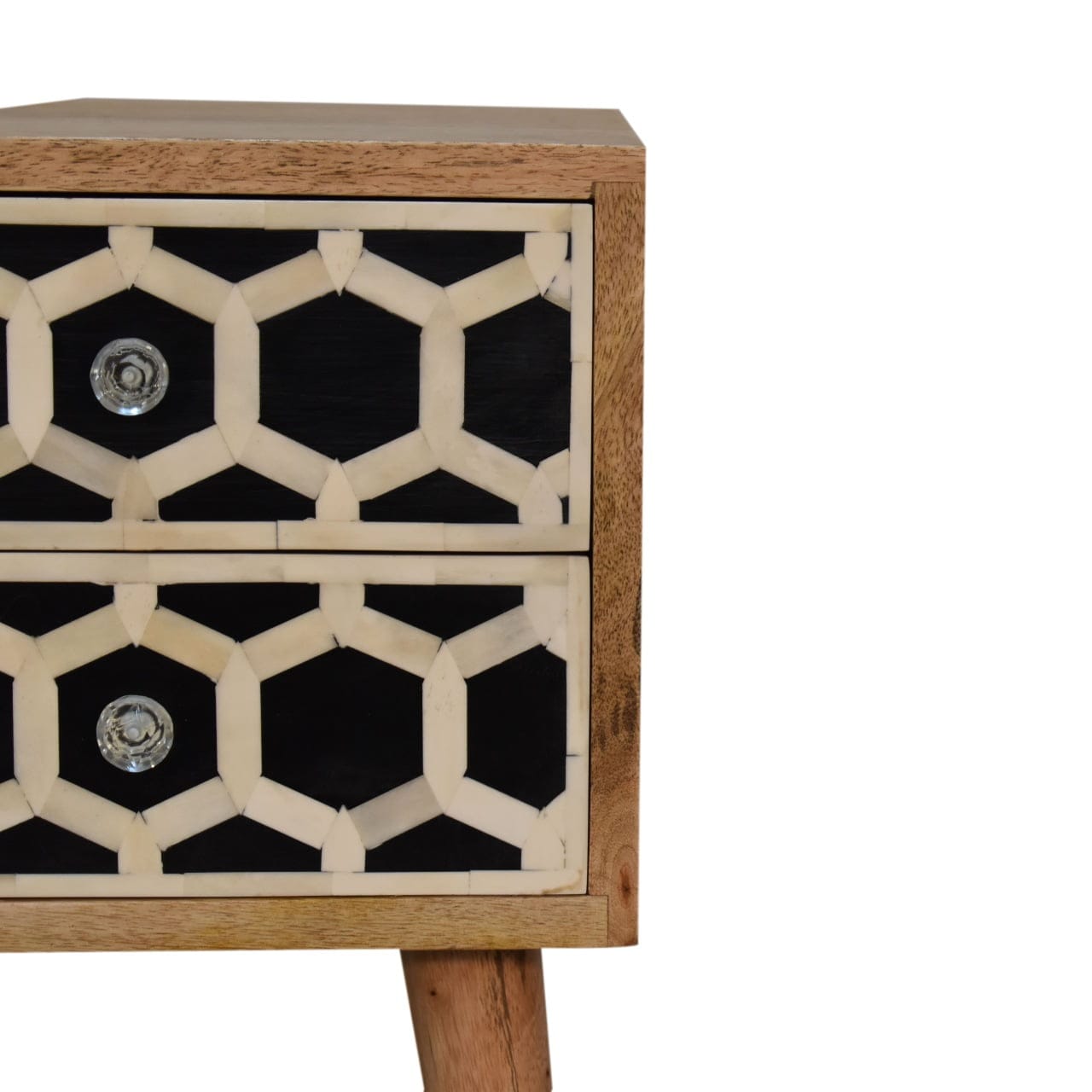 Mini Bone Inlay 2 Drawer Nightstand - Solid Mango Wood Bedside Table for Bedroom - product view 4 showing handcrafted...