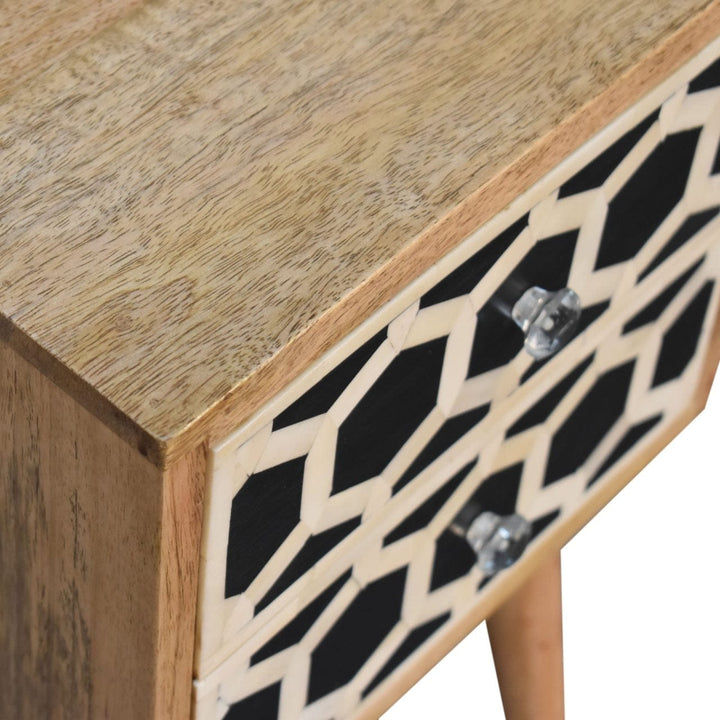Mini Bone Inlay 2 Drawer Nightstand - Solid Mango Wood Bedside Table for Bedroom - product view 5 showing handcrafted...