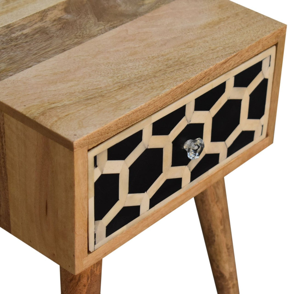 Mini Bone Inlay Nightstand - Solid Mango Wood Bedside Table for Bedroom - product view 6 showing handcrafted solid mango...