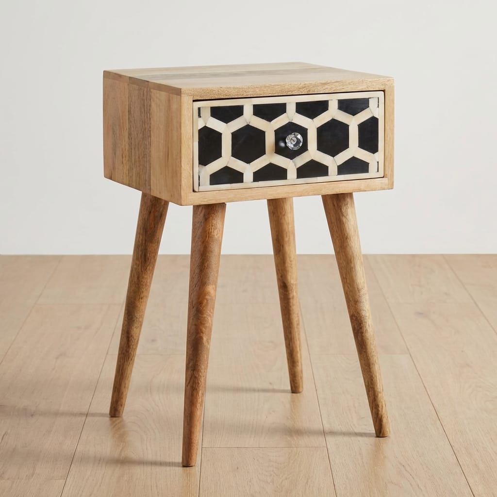 Mini Bone Inlay Nightstand - Solid Mango Wood Bedside Table for Bedroom - main view showing handcrafted solid mango wood...