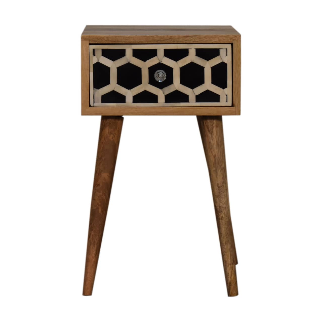 Mini Bone Inlay Nightstand - Solid Mango Wood Bedside Table for Bedroom - product view 2 showing handcrafted solid mango...