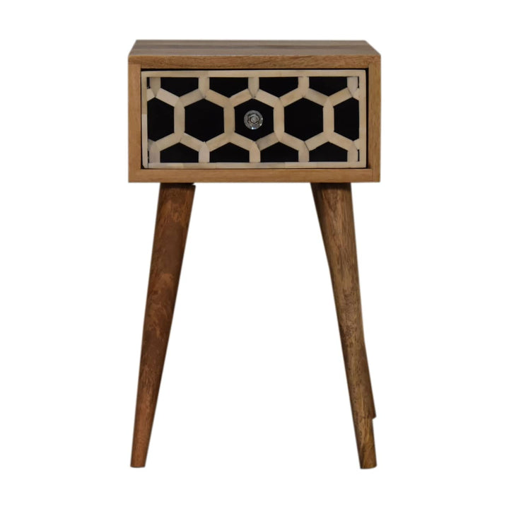 Mini Bone Inlay Nightstand - Solid Mango Wood Bedside Table for Bedroom - product view 2 showing handcrafted solid mango...