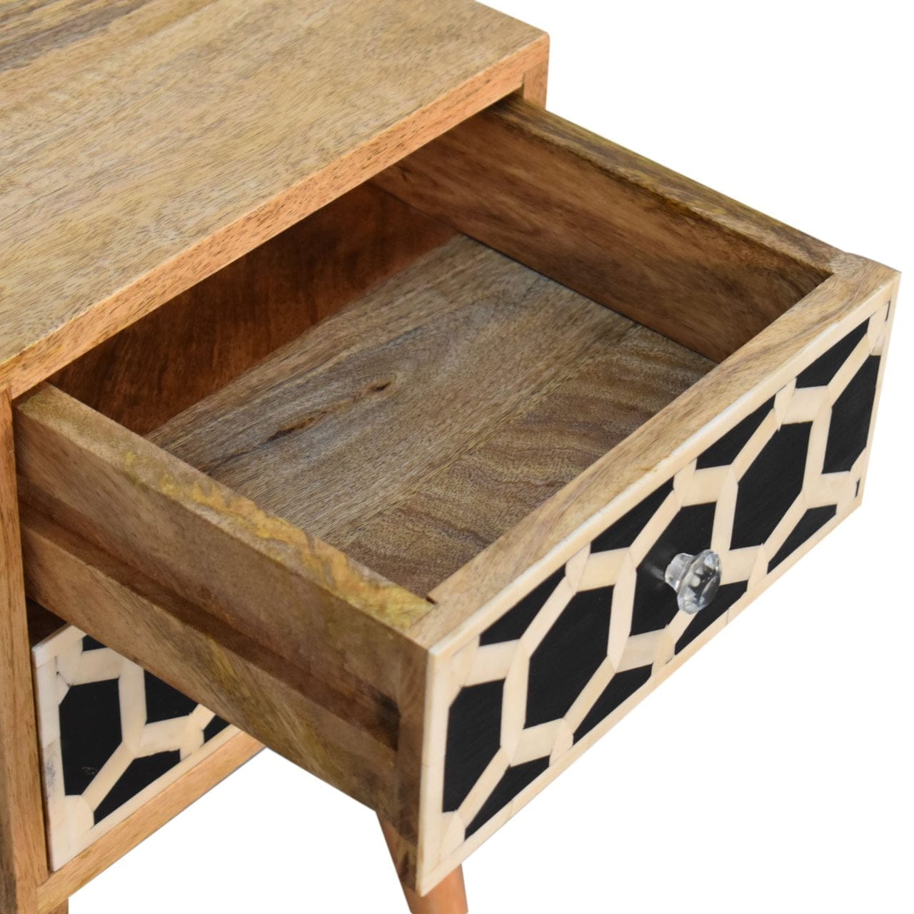 Mini Bone Inlay 2 Drawer Nightstand - Solid Mango Wood Bedside Table for Bedroom - product view 6 showing handcrafted...