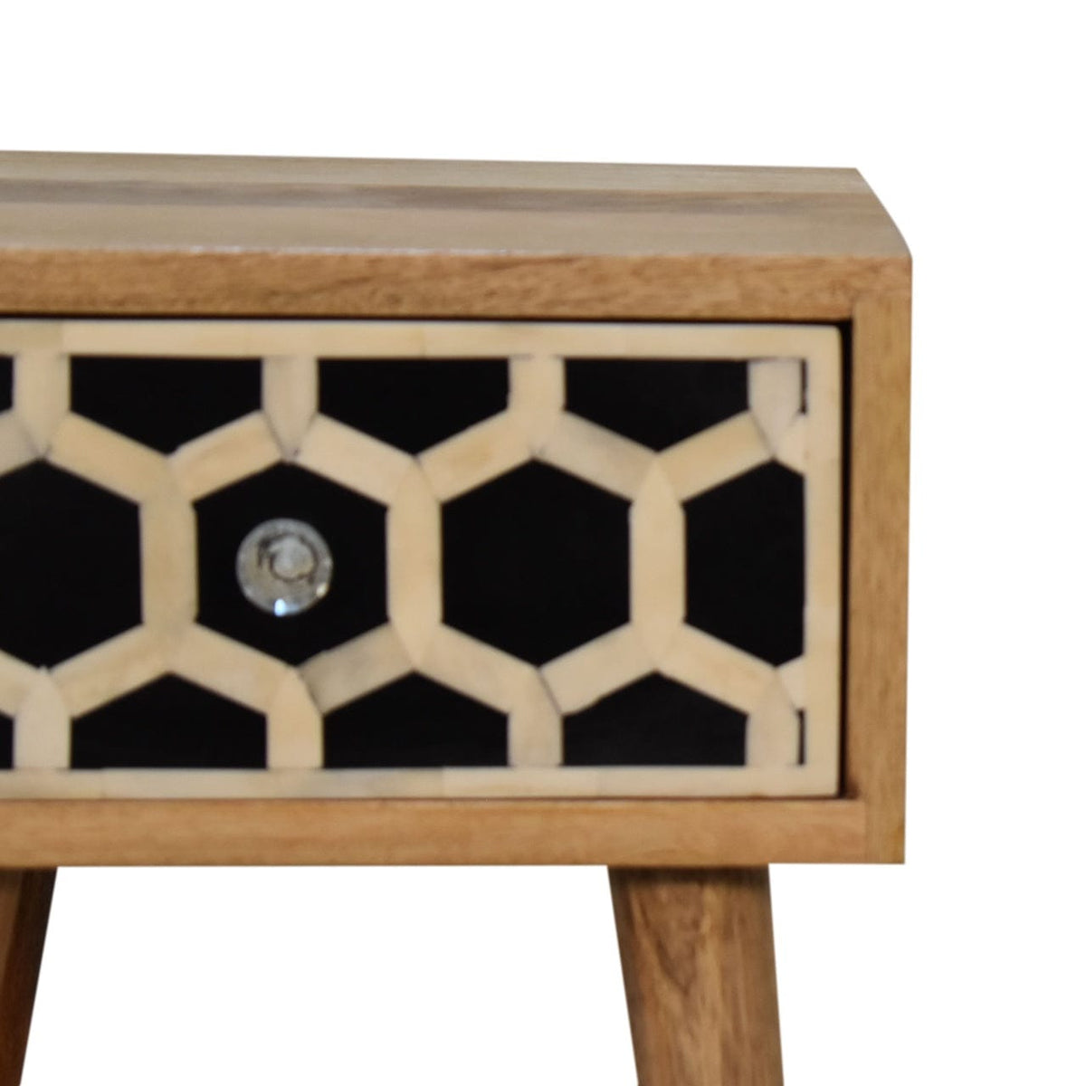 Mini Bone Inlay Nightstand - Solid Mango Wood Bedside Table for Bedroom - product view 5 showing handcrafted solid mango...