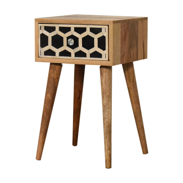 Mini Bone Inlay Nightstand - Solid Mango Wood Bedside Table for Bedroom - product view 3 showing handcrafted solid mango...