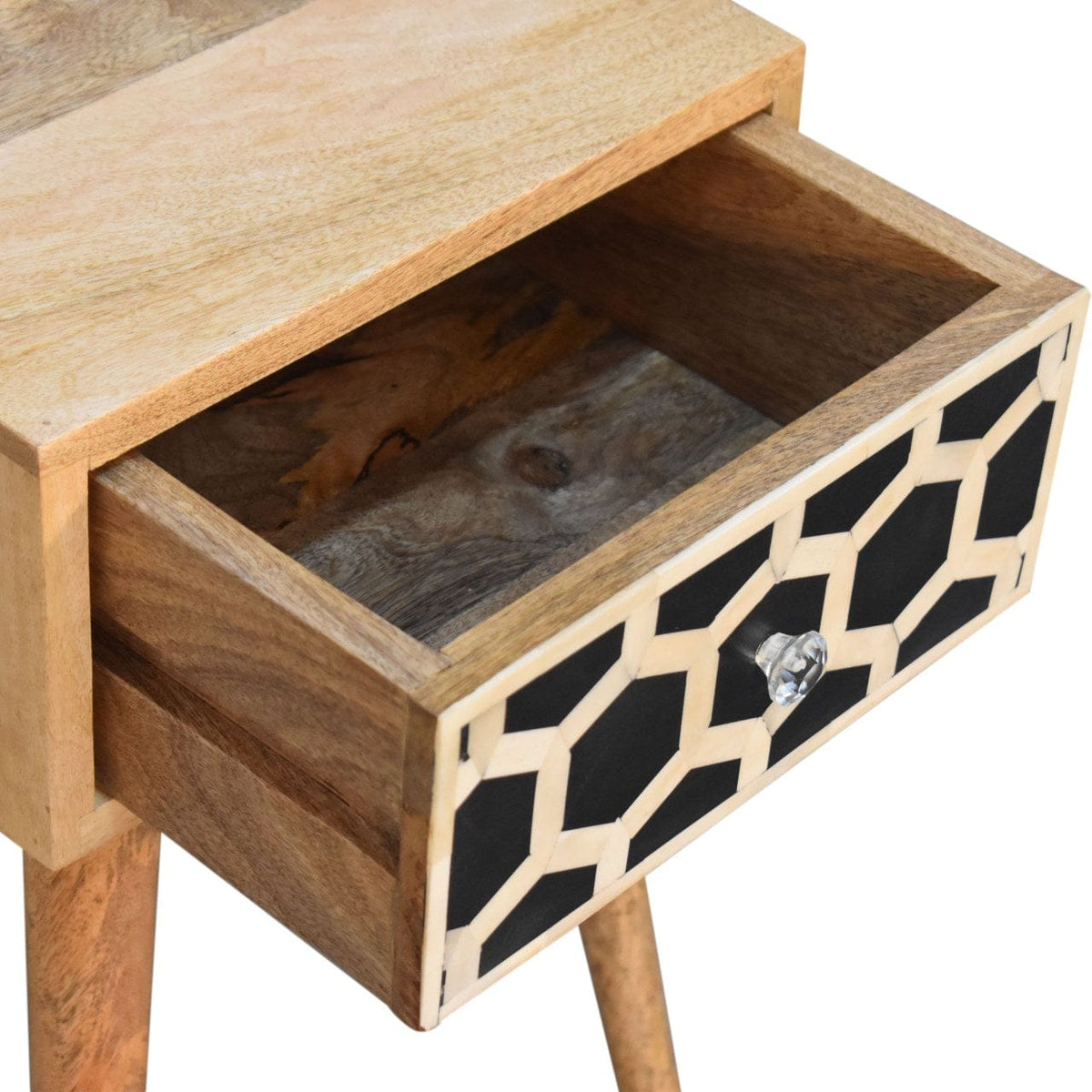 Mini Bone Inlay Nightstand - Solid Mango Wood Bedside Table for Bedroom - product view 7 showing handcrafted solid mango...