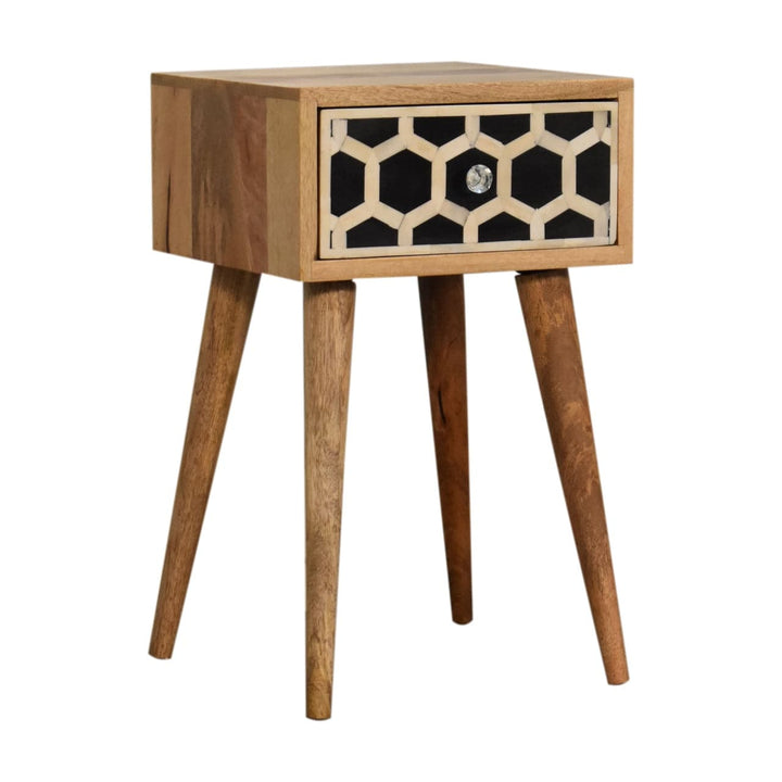 Mini Bone Inlay Nightstand - Solid Mango Wood Bedside Table for Bedroom - product view 4 showing handcrafted solid mango...
