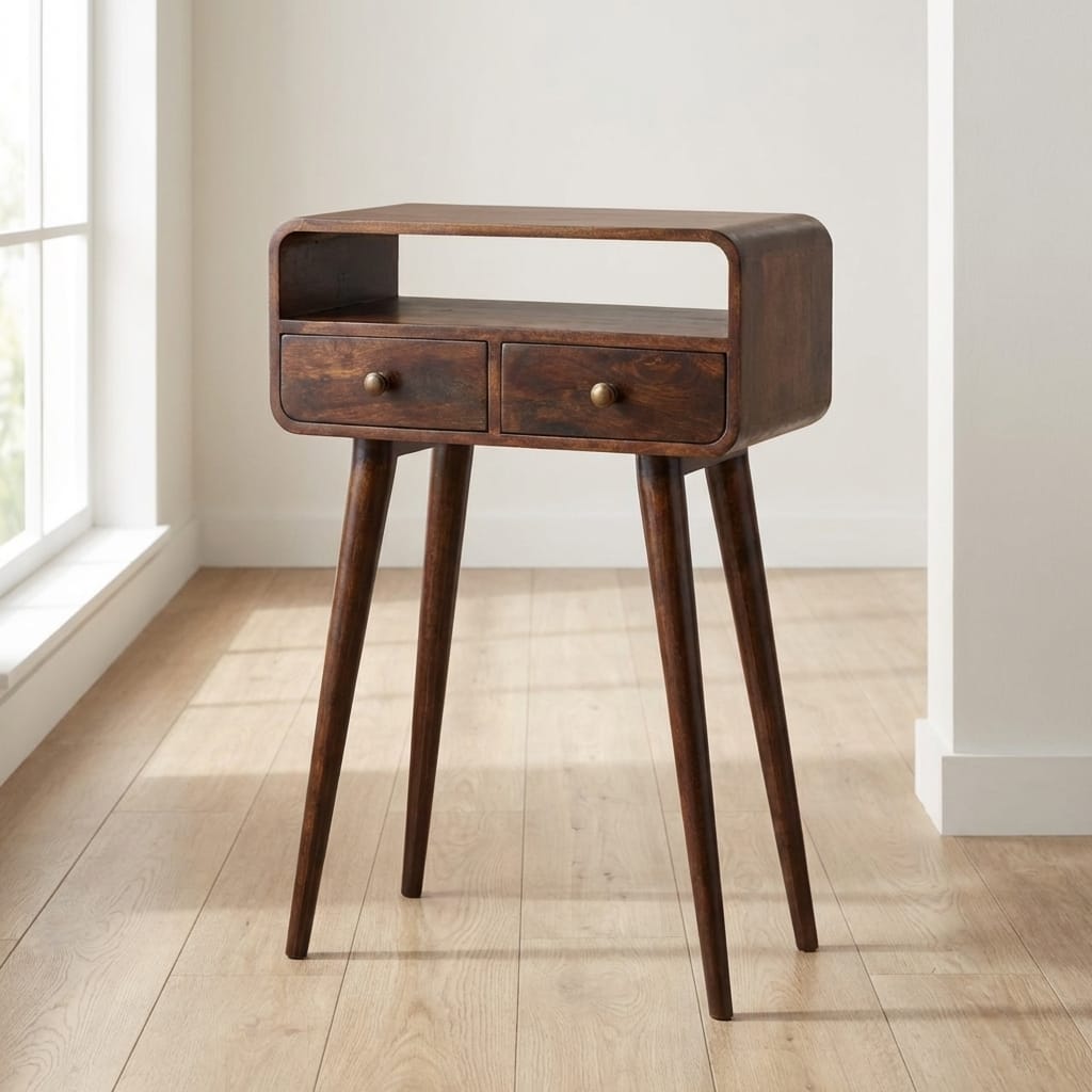 Mini California Walnut Curved Console Table - Solid Mango Wood Hallway Console for Entryway - main view showing...