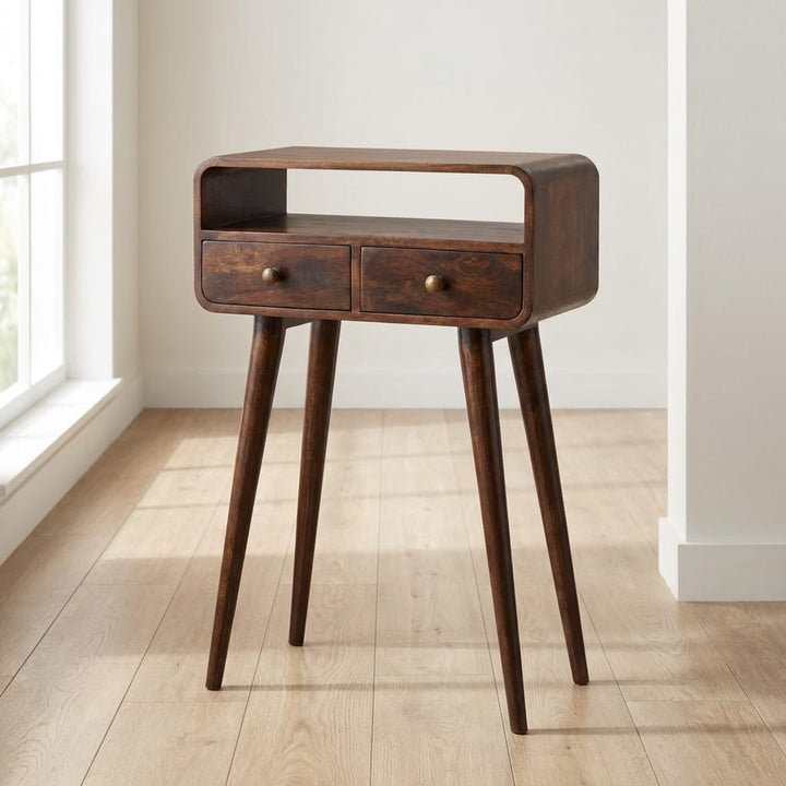 Mini California Walnut Curved Console Table - Solid Mango Wood Hallway Console for Entryway - main view showing...