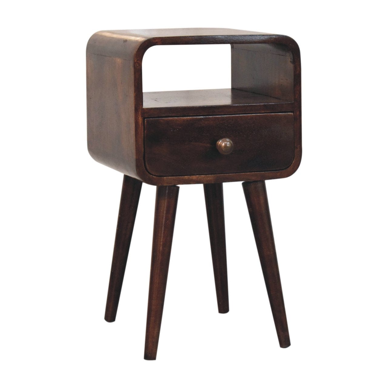 Mini California Walnut Curved Nightstand - Solid Mango Wood Bedside Table for Bedroom - product view 3 showing...
