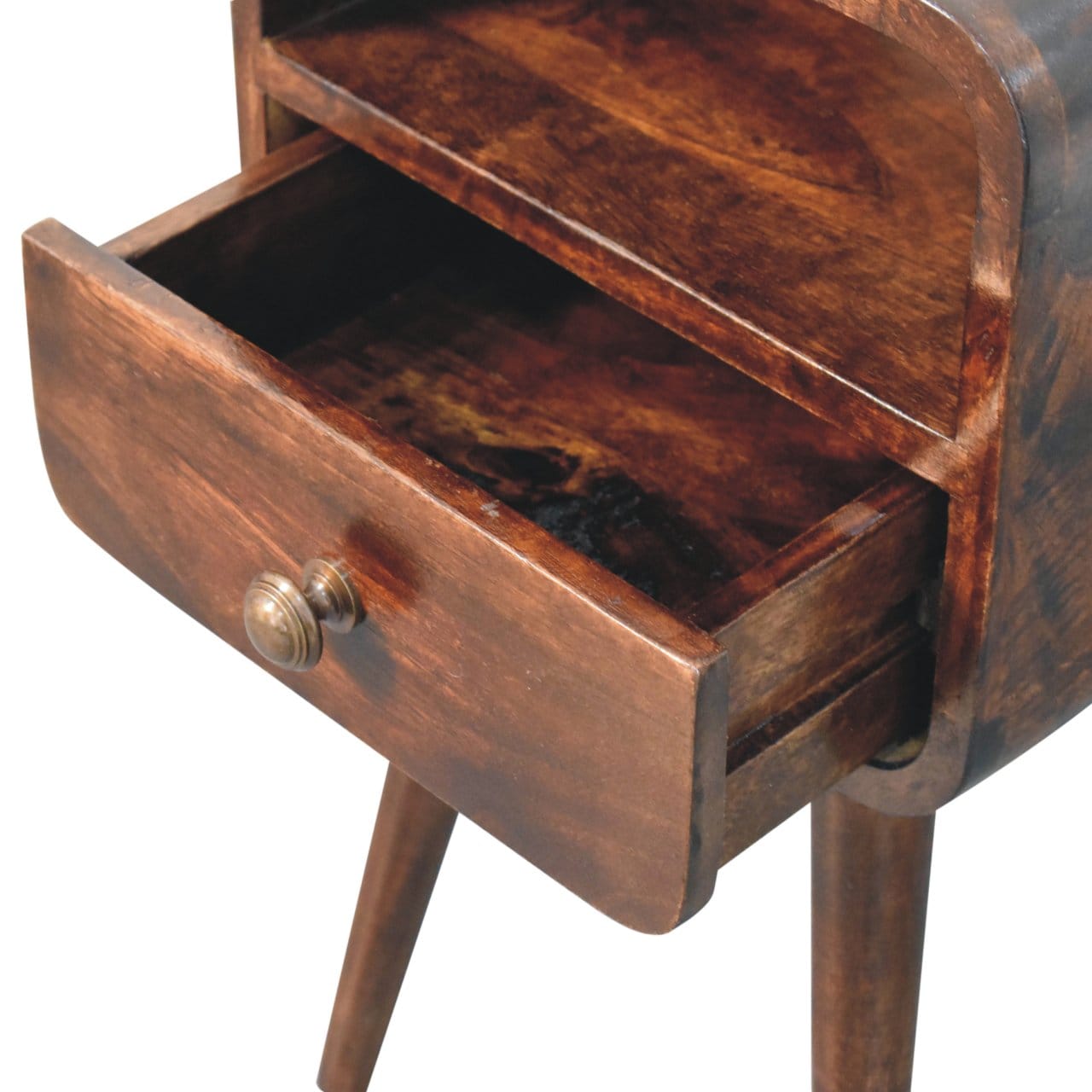 Mini California Walnut Curved Nightstand - Solid Mango Wood Bedside Table for Bedroom - product view 7 showing...
