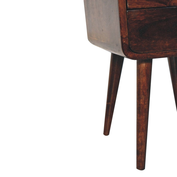 Mini California Walnut Curved Nightstand - Solid Mango Wood Bedside Table for Bedroom - product view 7 showing...