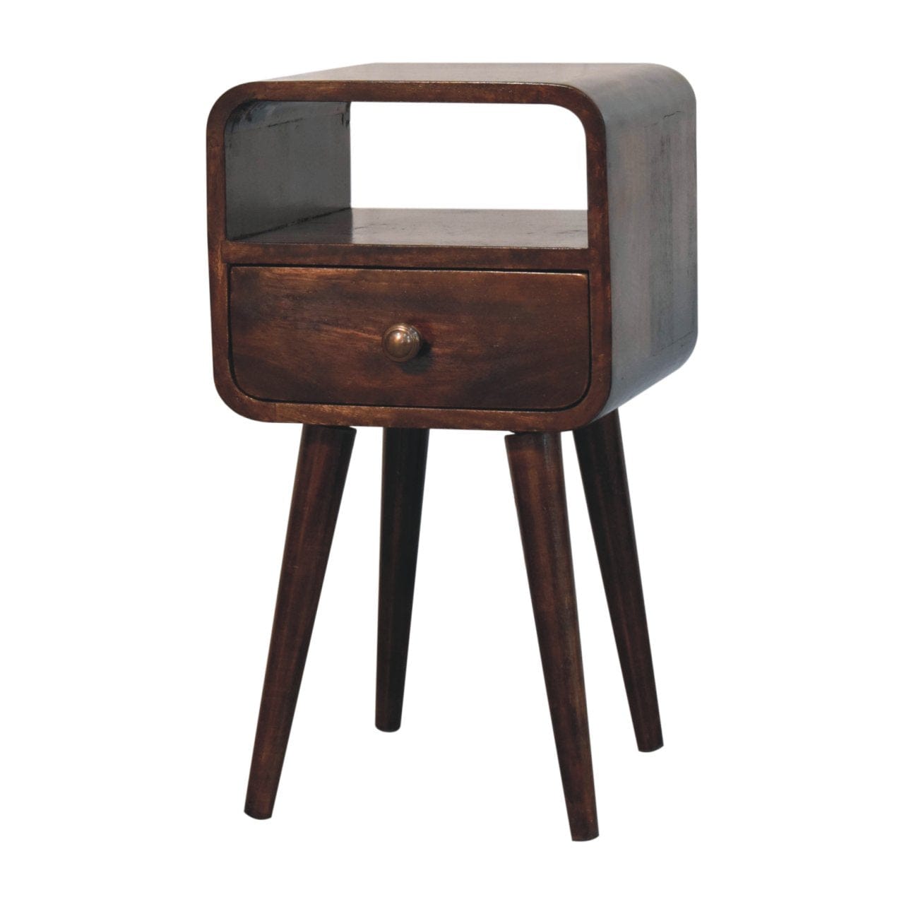 Mini California Walnut Curved Nightstand - Solid Mango Wood Bedside Table for Bedroom - product view 4 showing...