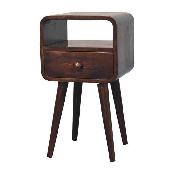 Mini California Walnut Curved Nightstand - Solid Mango Wood Bedside Table for Bedroom - product view 4 showing...