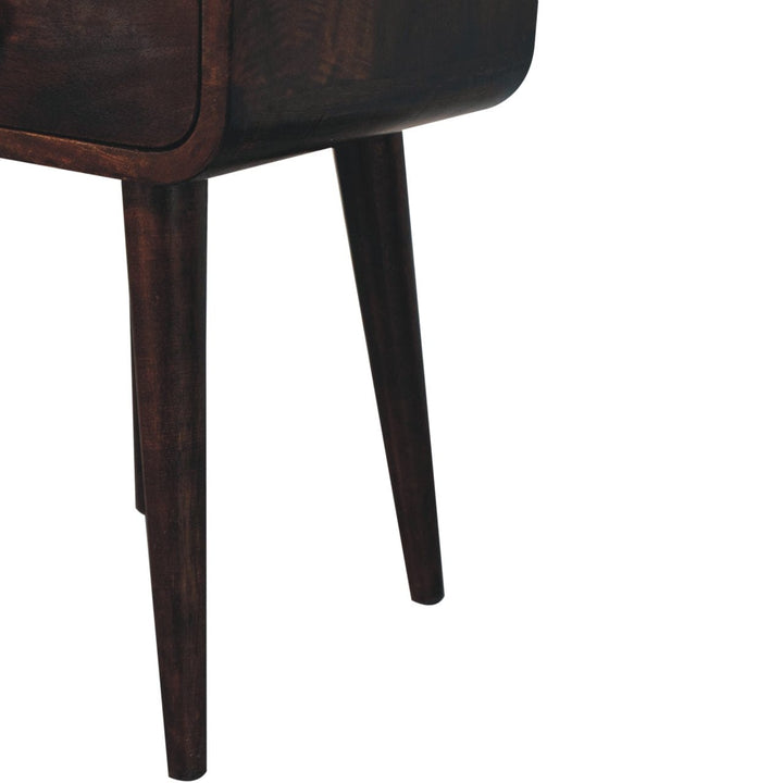 Mini California Walnut Curved Nightstand - Solid Mango Wood Bedside Table for Bedroom - product view 8 showing...