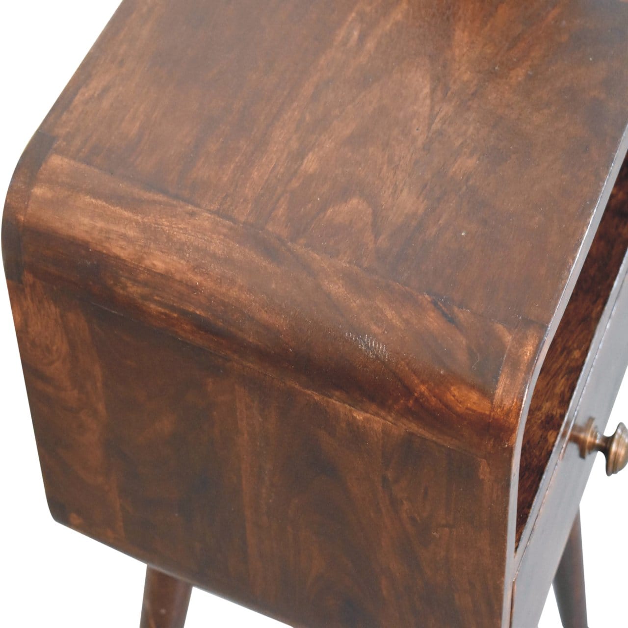 Mini California Walnut Curved Nightstand - Solid Mango Wood Bedside Table for Bedroom - product view 6 showing...