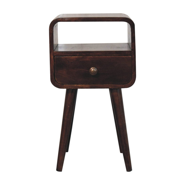 Mini California Walnut Curved Nightstand - Solid Mango Wood Bedside Table for Bedroom - product view 2 showing...