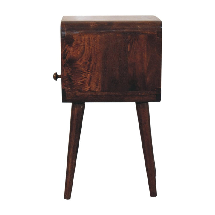 Mini California Walnut Curved Nightstand - Solid Mango Wood Bedside Table for Bedroom - product view 9 showing...