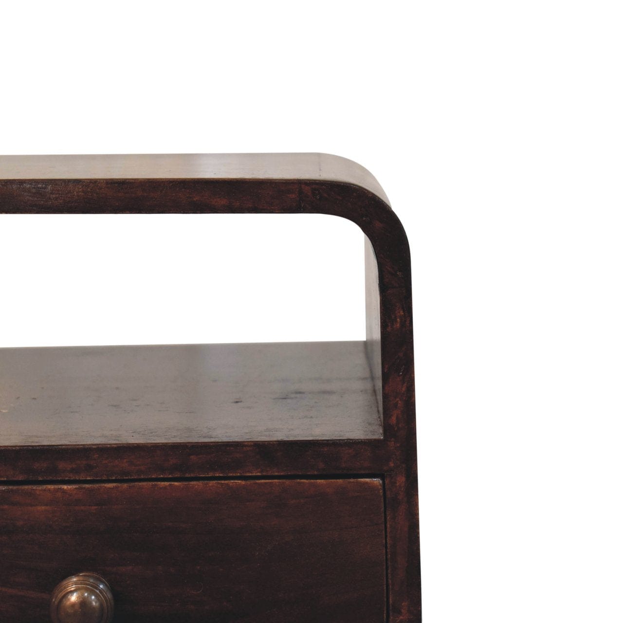 Mini California Walnut Curved Nightstand - Solid Mango Wood Bedside Table for Bedroom - product view 5 showing...