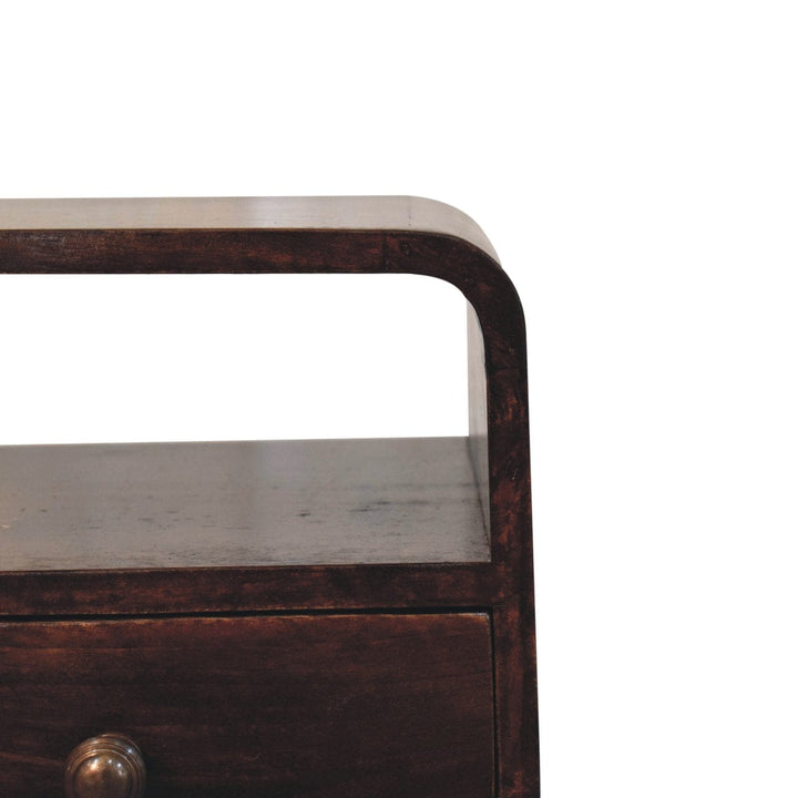 Mini California Walnut Curved Nightstand - Solid Mango Wood Bedside Table for Bedroom - product view 5 showing...