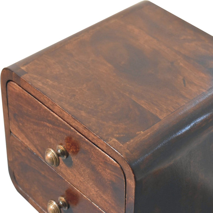 Mini California Walnut Curved Nightstand - Solid Mango Wood Bedside Table for Bedroom - product view 5 showing...