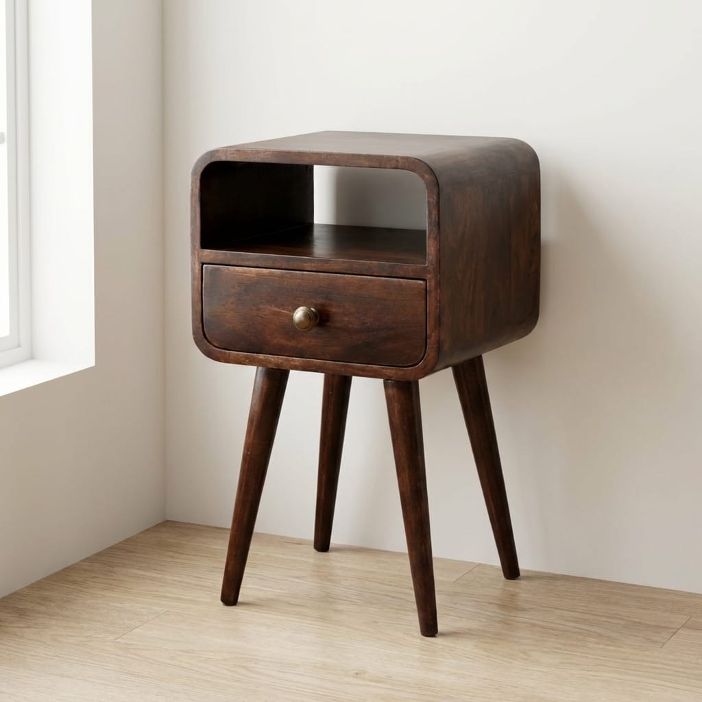 Mini California Walnut Curved Nightstand - Solid Mango Wood Bedside Table for Bedroom - main view showing handcrafted...