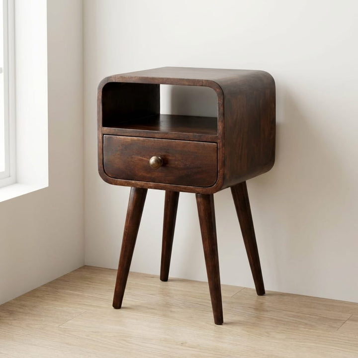 Mini California Walnut Curved Nightstand - Solid Mango Wood Bedside Table for Bedroom - main view showing handcrafted...