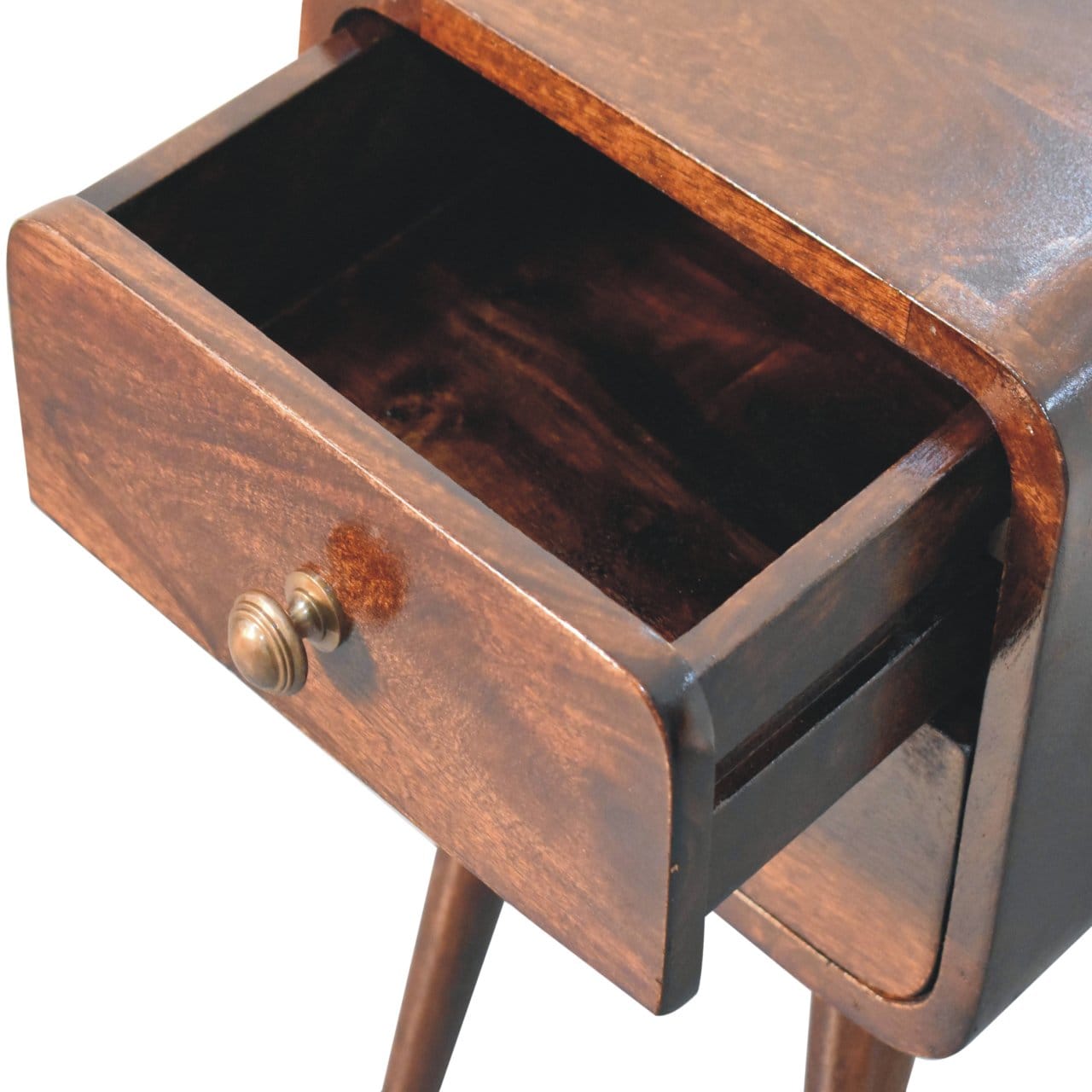 Mini California Walnut Curved Nightstand - Solid Mango Wood Bedside Table for Bedroom - product view 6 showing...