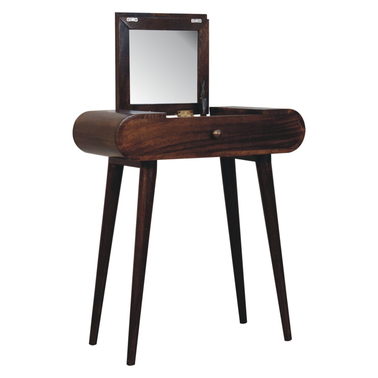 Mini California Walnut Dressing Table - Solid Mango Wood Vanity Table for Bedroom - product view 7 showing handcrafted...