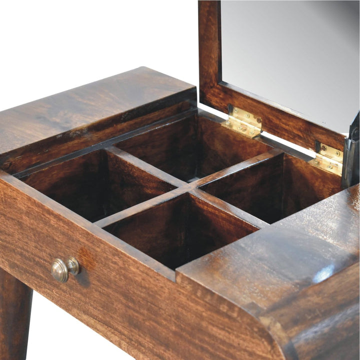 Mini California Walnut Dressing Table - Solid Mango Wood Vanity Table for Bedroom - product view 6 showing handcrafted...