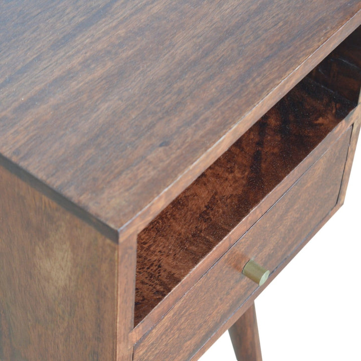 Mini Cherry Nightstand - Solid Mango Wood Bedside Table for Bedroom - product view 5 showing handcrafted solid mango wood...