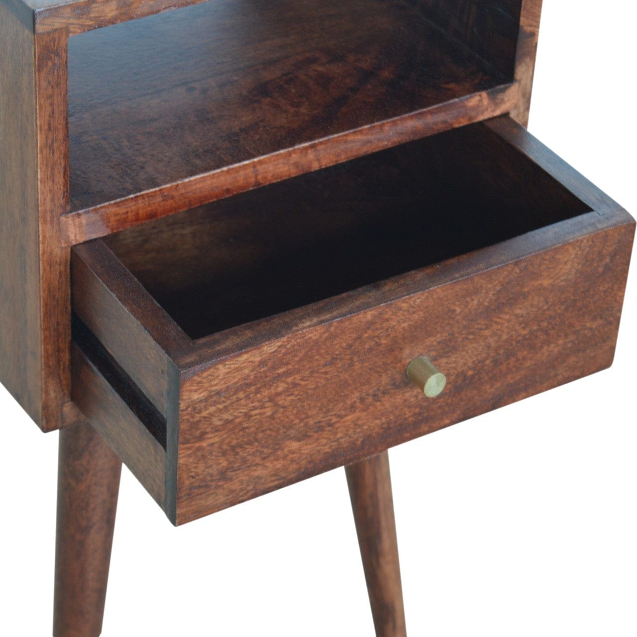 Mini Cherry Nightstand - Solid Mango Wood Bedside Table for Bedroom - product view 6 showing handcrafted solid mango wood...
