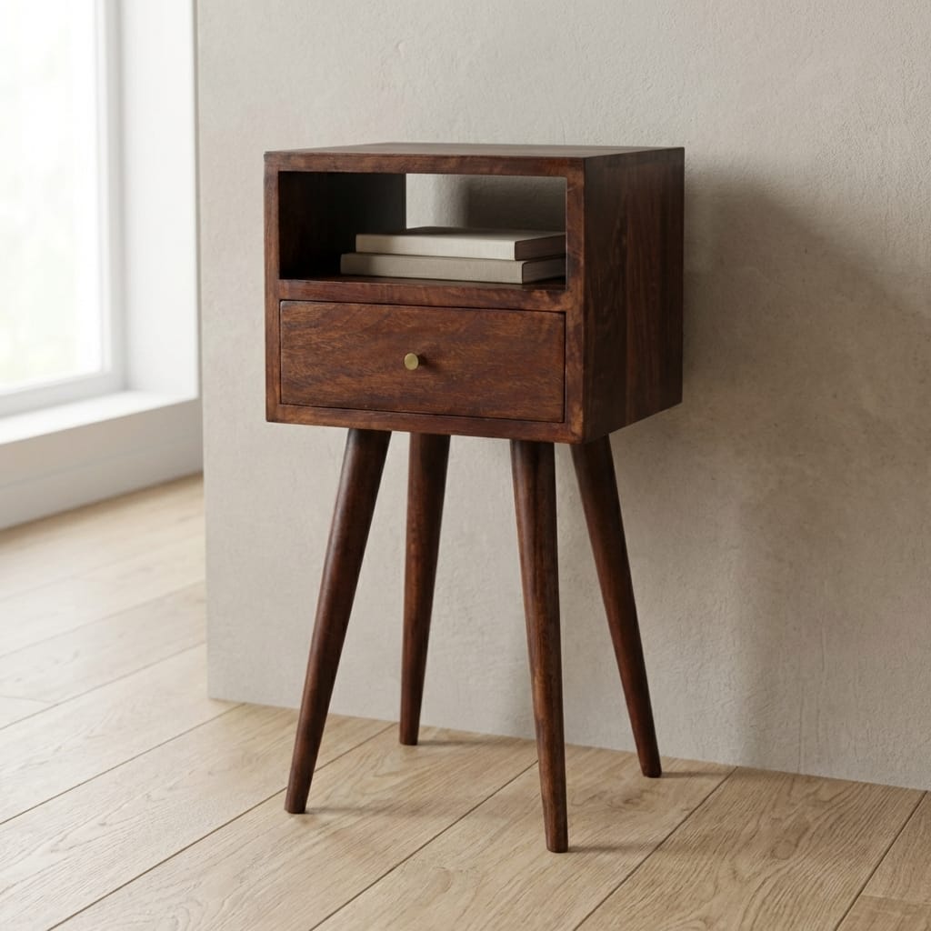 Mini Cherry Nightstand - Solid Mango Wood Bedside Table for Bedroom - main view showing handcrafted solid mango wood...