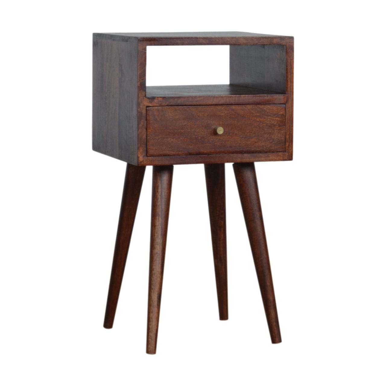 Mini Cherry Nightstand - Solid Mango Wood Bedside Table for Bedroom - product view 3 showing handcrafted solid mango wood...