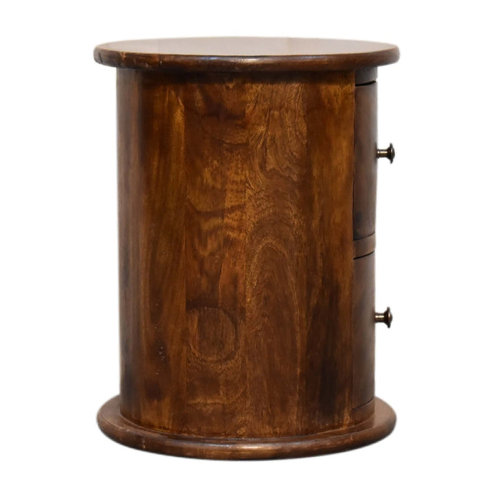 Mini Chestnut 2 Drawer Drum Dresser - Solid Mango Wood Storage Chest for Bedroom - product view 8 showing handcrafted...