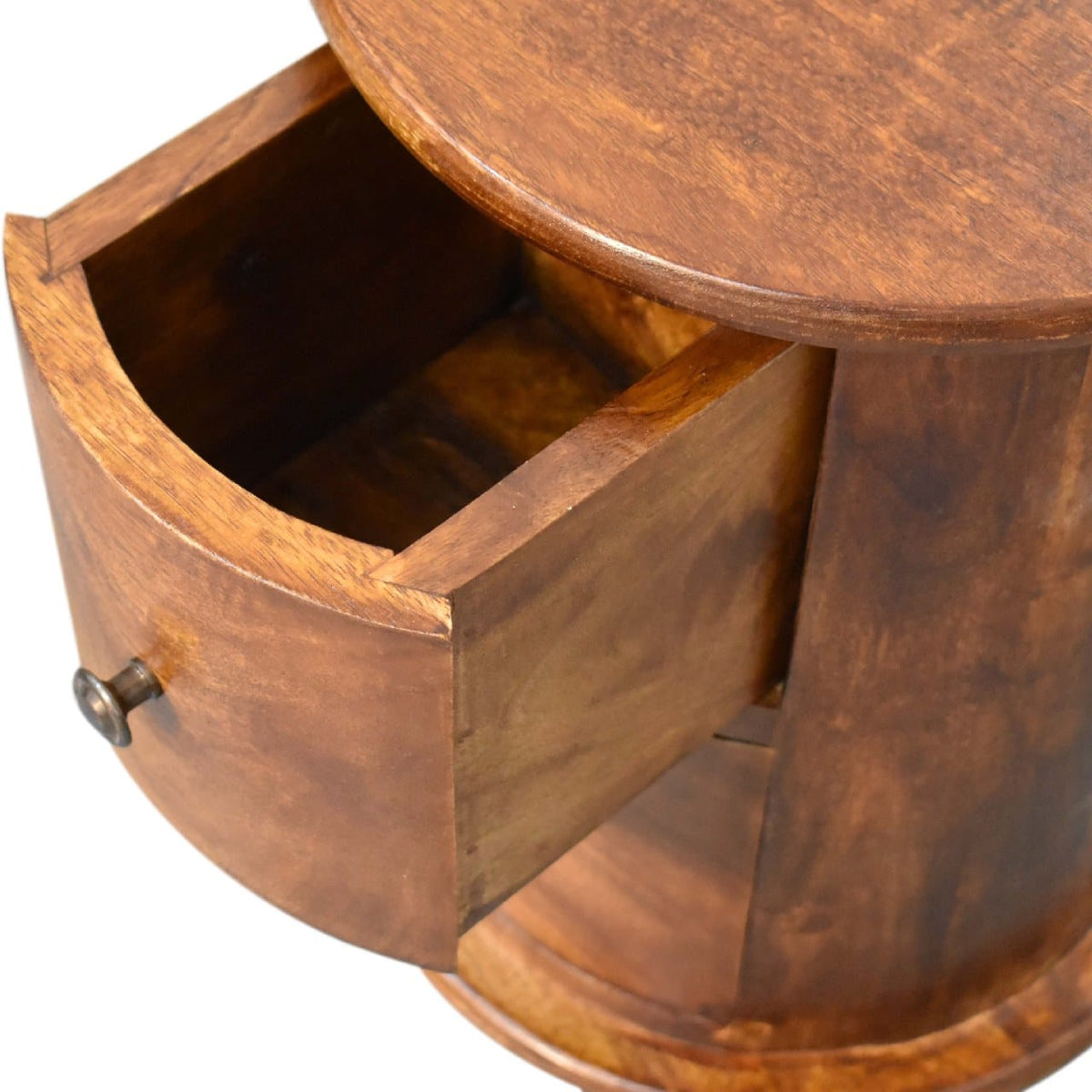Mini Chestnut 2 Drawer Drum Dresser - Solid Mango Wood Storage Chest for Bedroom - product view 6 showing handcrafted...