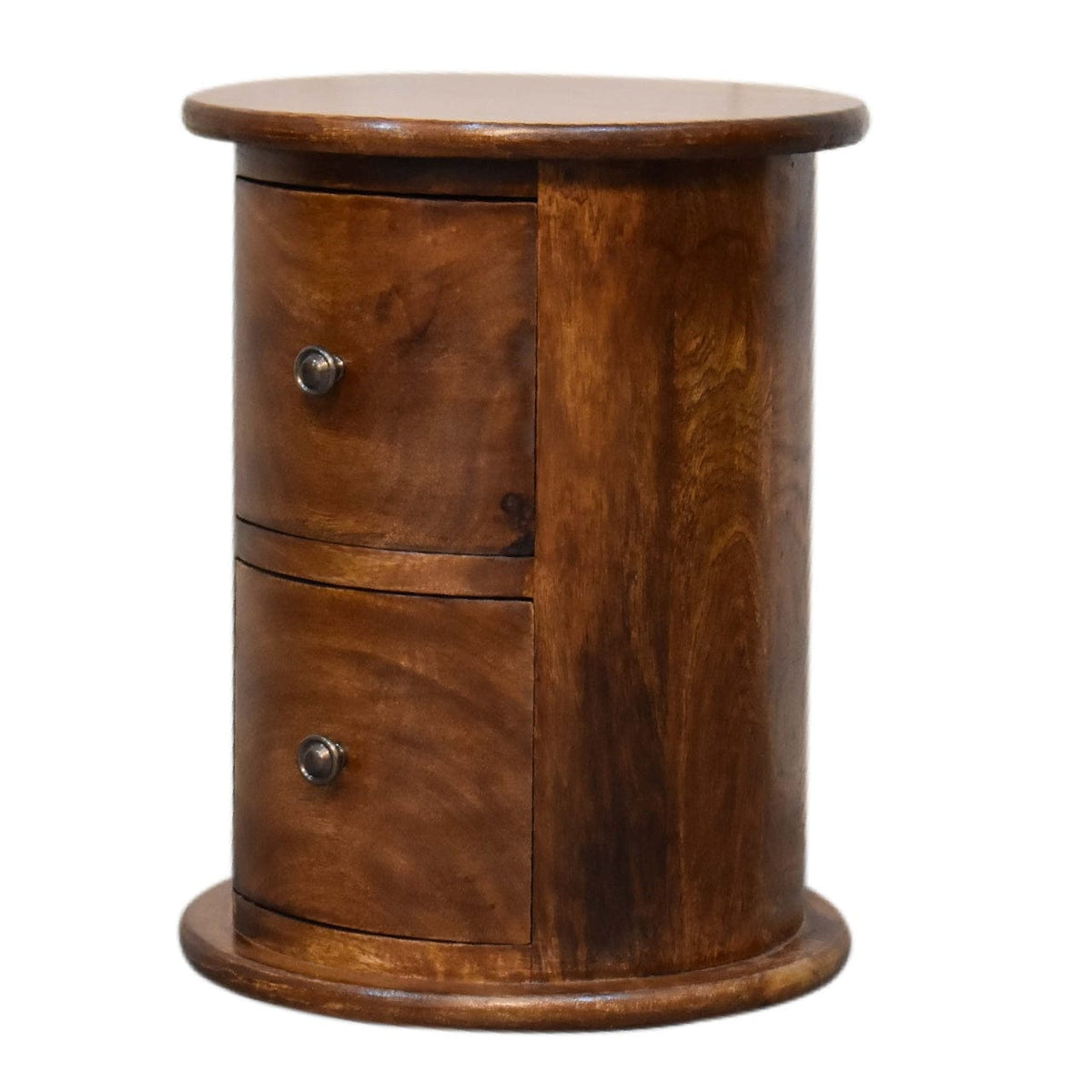 Mini Chestnut 2 Drawer Drum Dresser - Solid Mango Wood Storage Chest for Bedroom - product view 3 showing handcrafted...