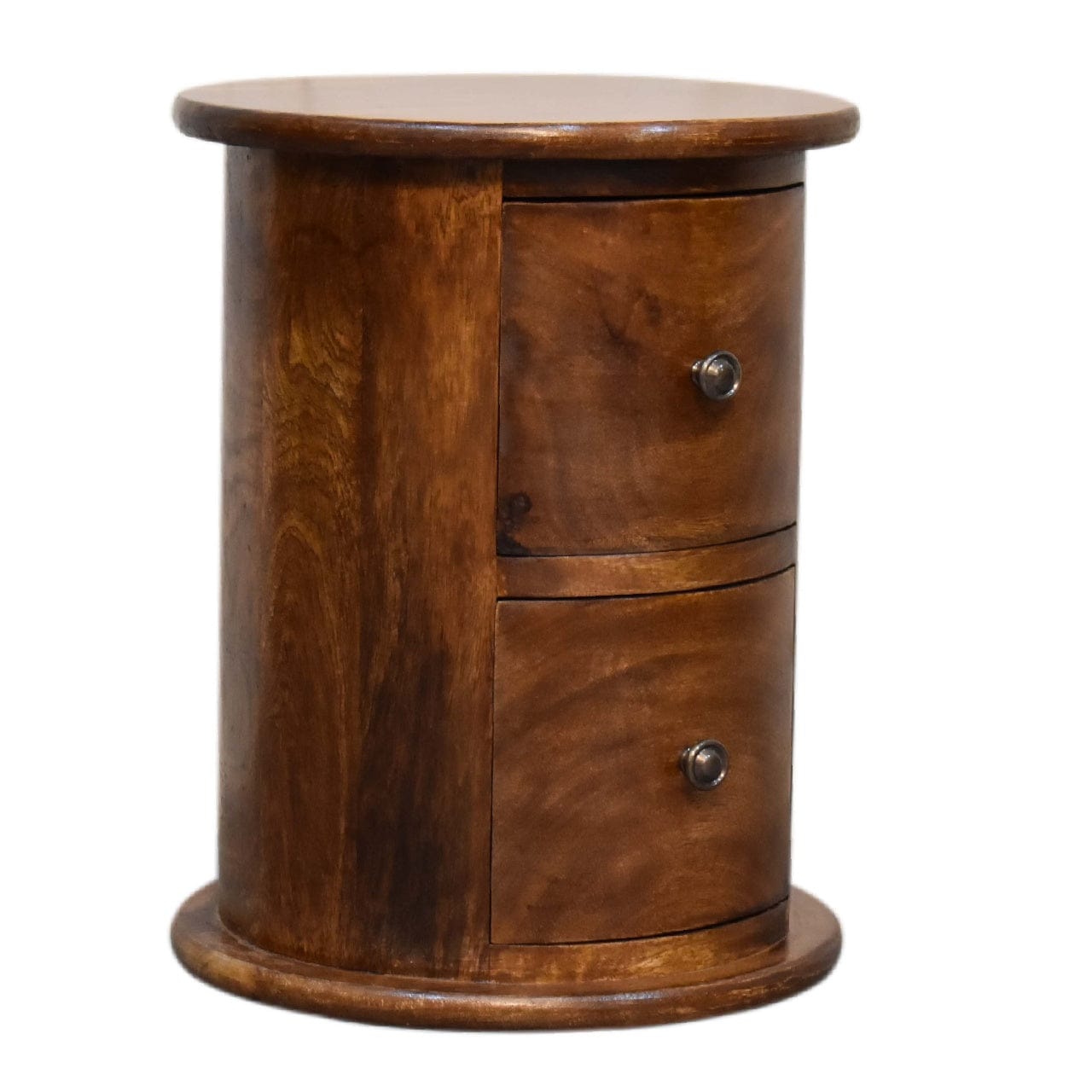 Mini Chestnut 2 Drawer Drum Dresser - Solid Mango Wood Storage Chest for Bedroom - product view 2 showing handcrafted...