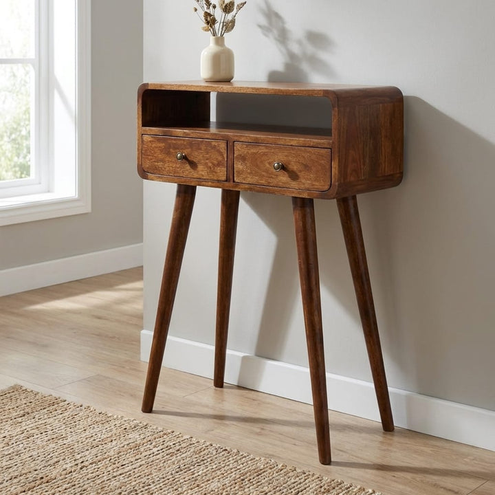 Mini Chestnut Console Table - Solid Mango Wood Hallway Console for Entryway - main view showing handcrafted solid mango...