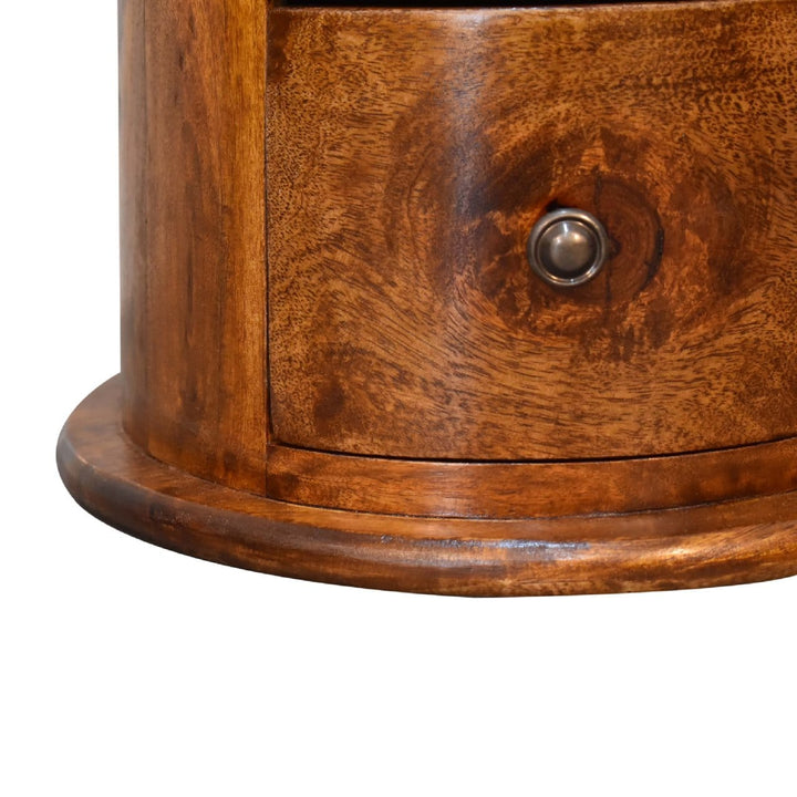 Mini Chestnut Drum End Table - Solid Mango Wood Round Side Table for Living Room - product view 9 showing handcrafted...