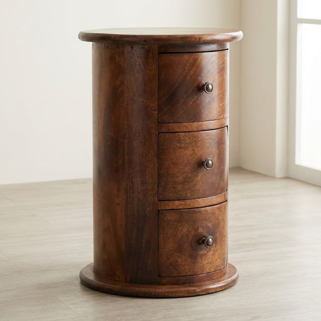 Mini Chestnut Drum End Table - Solid Mango Wood Round Side Table for Living Room - main view showing handcrafted solid...