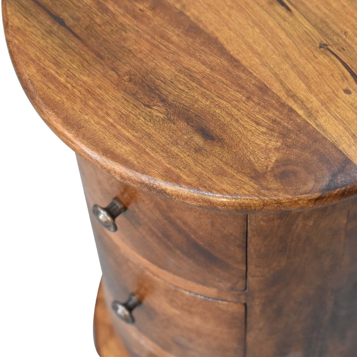 Mini Chestnut Drum End Table - Solid Mango Wood Round Side Table for Living Room - product view 7 showing handcrafted...
