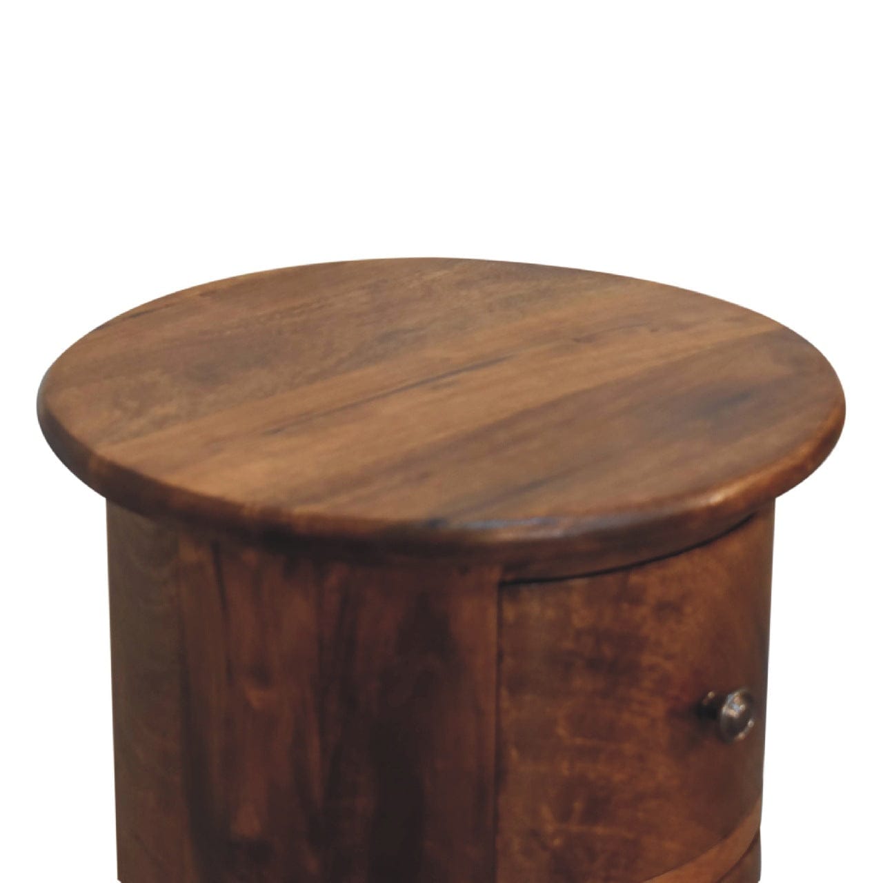 Mini Chestnut Drum End Table - Solid Mango Wood Round Side Table for Living Room - product view 6 showing handcrafted...
