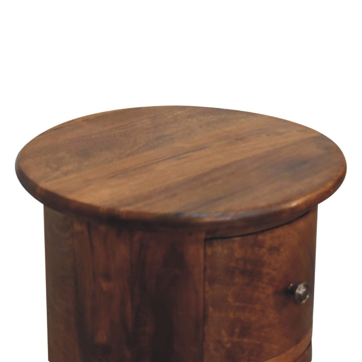 Mini Chestnut Drum End Table - Solid Mango Wood Round Side Table for Living Room - product view 6 showing handcrafted...