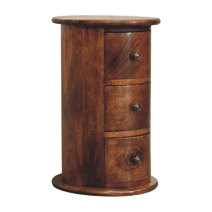 Mini Chestnut Drum End Table - Solid Mango Wood Round Side Table for Living Room - product view 4 showing handcrafted...
