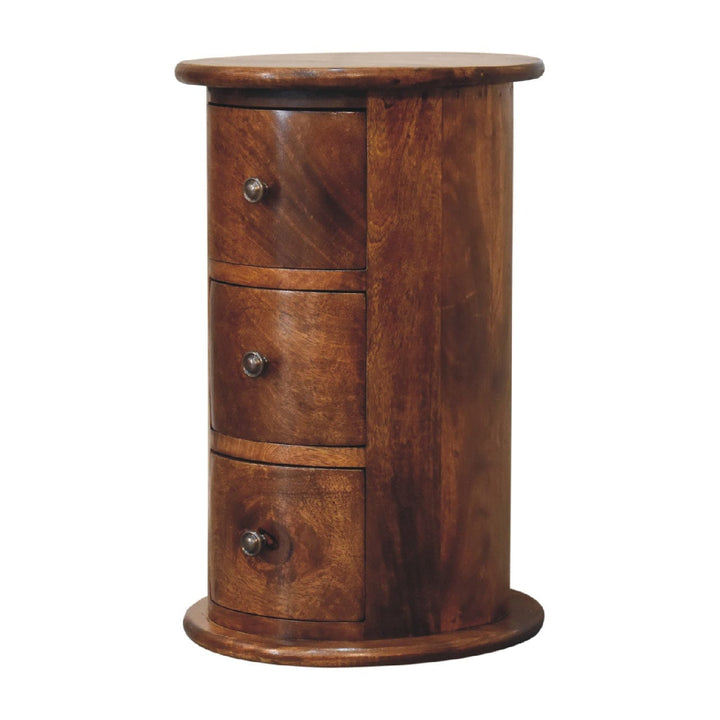 Mini Chestnut Drum End Table - Solid Mango Wood Round Side Table for Living Room - product view 3 showing handcrafted...