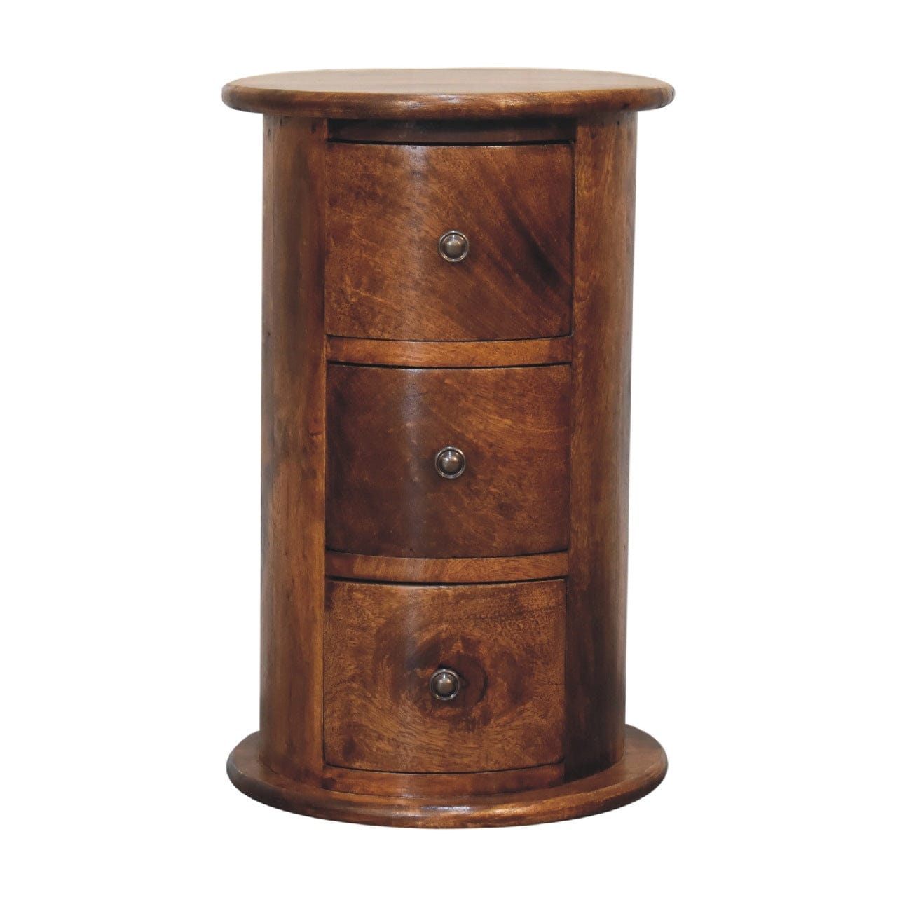Mini Chestnut Drum End Table - Solid Mango Wood Round Side Table for Living Room - product view 2 showing handcrafted...